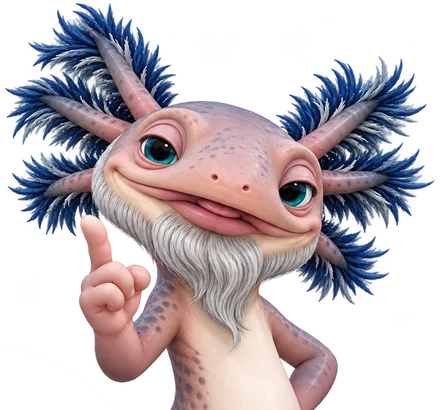 Ol’ Bloop, the coach: a whiskery old axolotl, pointing up with a grin.