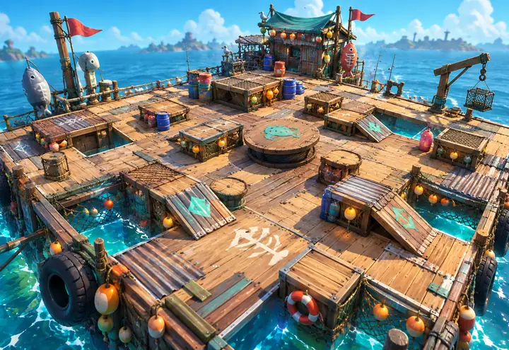 Fishing Raft: crates and planks on a raft out at sea.