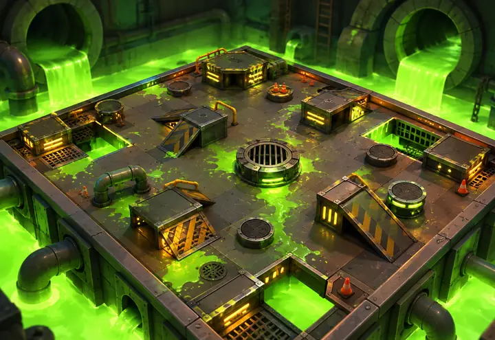 Sludge Sewer: grates and pipes over glowing green sludge.