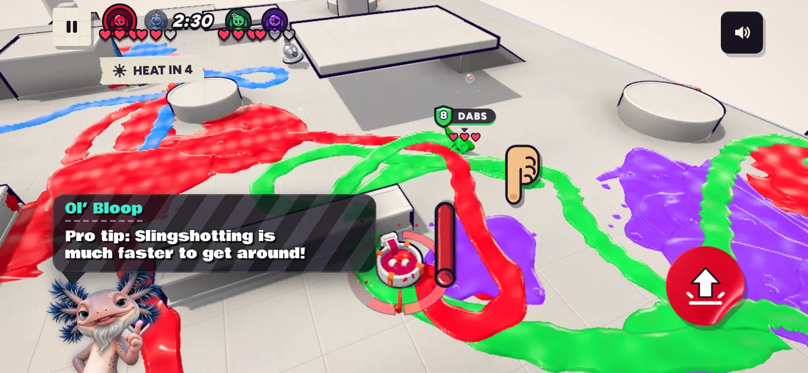 A Showdown on Blank Canvas, held sideways: red, green and purple paint trails, and Ol’ Bloop in the corner with a pro tip about slingshotting.