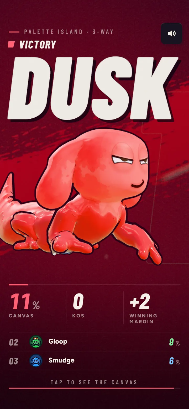 The victory screen: Dusk wins a 3-way on Palette Island.